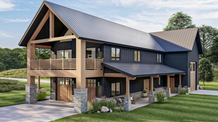 2-Bedroom 2-Story Barndominium-Style Carriage House Plan with Dual Garages (Floor Plan)