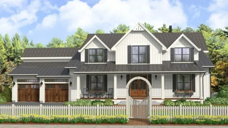 2-Story 5-Bedroom Modern Farmhouse With Classic Covered Porch and Upstairs Master (Floor Plan)
