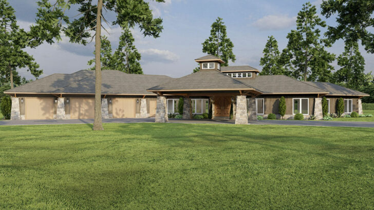 1-Story 3-Bedroom Rustic Ranch Home with Porte-Cochere and Angled 3-Car Garage (Floor Plan)