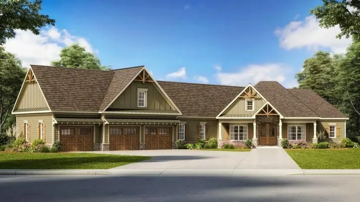2-Story 4-Bedroom Country Craftsman Home With Angled 3-Car Garage and Bonus Over Garage (Floor Plan)