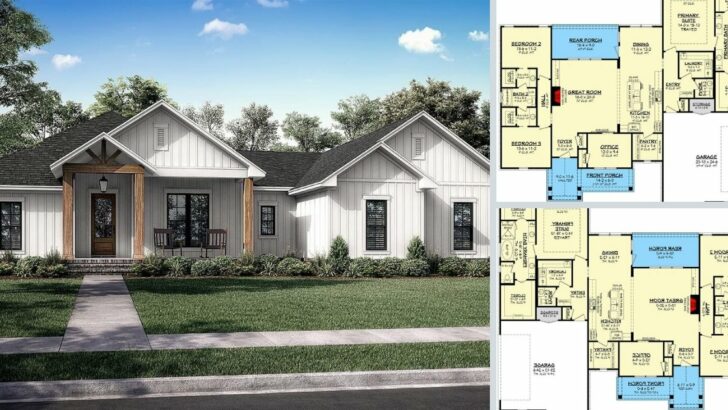 1-Story 3-Bedroom Country House With Front to Back Kitchen and Pantry (Floor Plan)