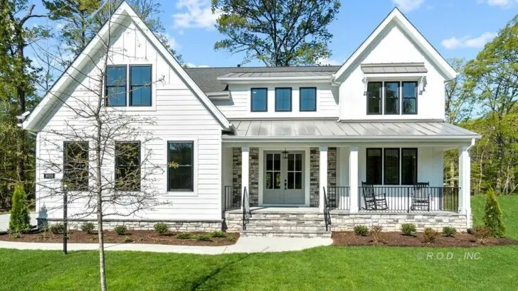 4-Bedroom 2-Story Modern Farmhouse with Pocket Office and 2 Covered Porches (Floor Plan)