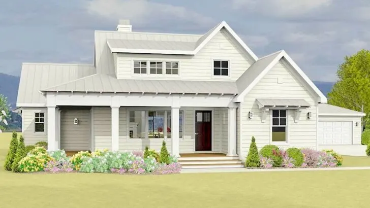 3-Bedroom 1-Story Country Farmhouse With L-shaped Porch and Detached Garage (Floor Plan)