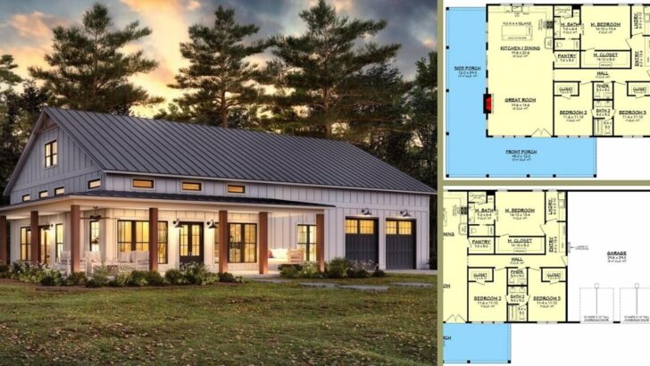 Barndominium-Style 3-Bedroom Single-Story Farmhouse with Wrap-Around Porch (Floor Plan)