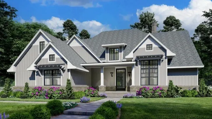 Flexible One-Story 4-Bedroom New American House with Expansion Over Garage (Floor Plan)