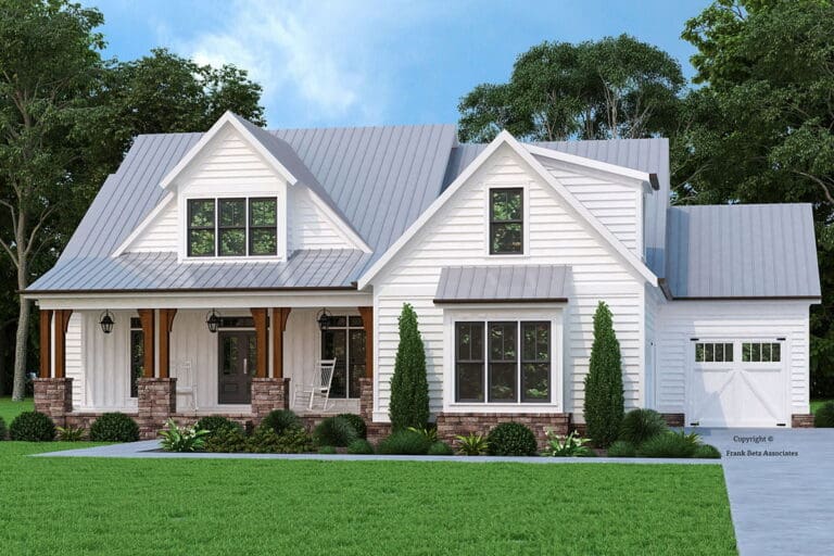 Compact 2-Story 4-Bedroom Modern Farmhouse With Front Porch and Bonus Room (Floor Plan)