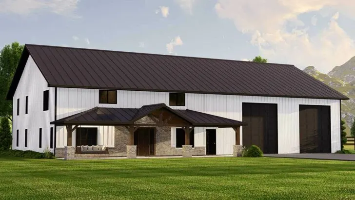 Dual-Story 3-Bedroom Barndominium House with Rear Porches and Main-floor Master (Floor Plan)