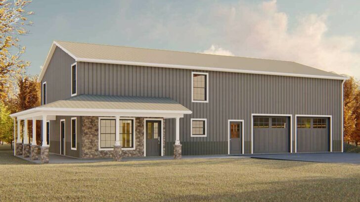 2-Story 4-Bedroom Barndominium House with Front Wrapping Porch (Floor Plan)