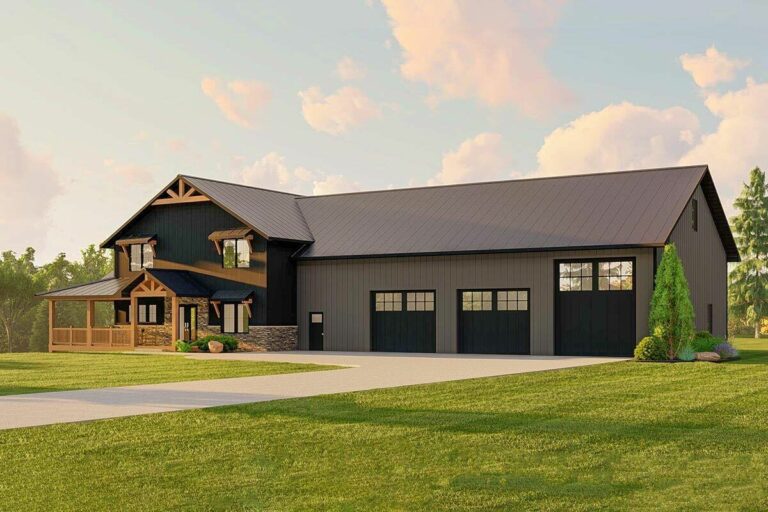4-Bedroom 2-Story Barndominium House with Optionally-Finished Lower Level and Drive-Through RV Garage (Floor Plan)