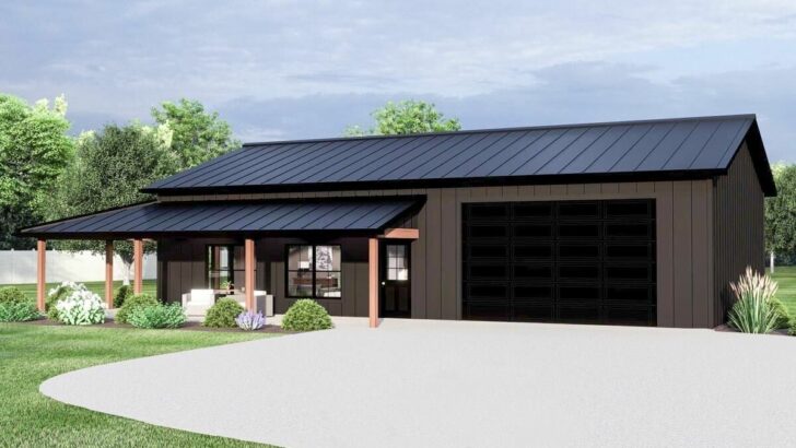 One-Story 2-Bedroom Barndominium Style House with Spacious Porch (Floor Plan)
