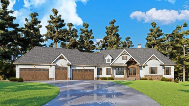 4-Bedroom 1-Story Mountain Craftsman House With Angled 5-Car Garage (Floor Plan)