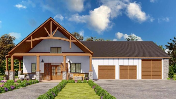 Rustic 3-Bedroom 2-Story Barndominium Style House with Grand Front Porch (Floor Plan)