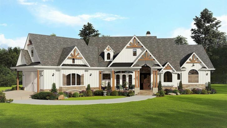 4-Bedroom Single-Story Storybook Craftsman House with Sweeping Rear Porches (Floor Plan)