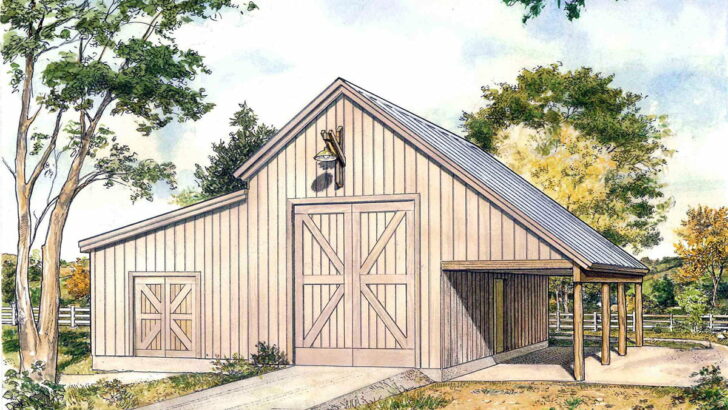 2-Car 1-Story Rustic Barn Style Drive-Through Garage with Additional Workshop Space (Floor Plan)