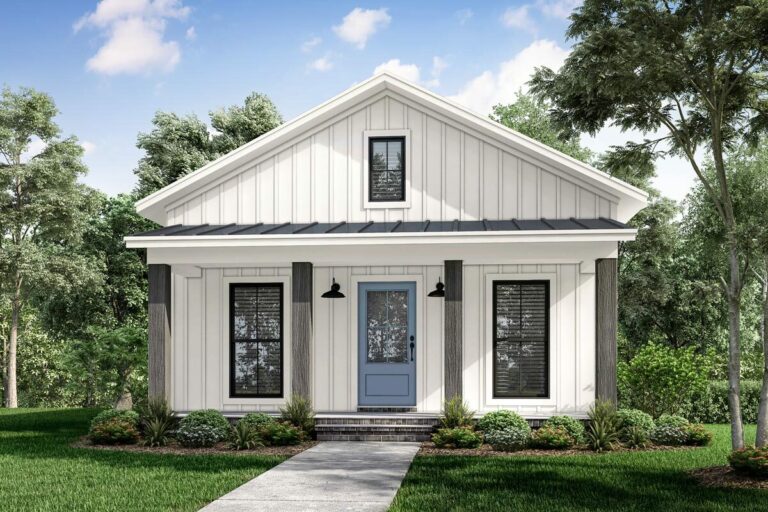 1-Story 1-Bedroom Farmhouse Style Cabin with Sunlit Open Plan (Floor Plan)