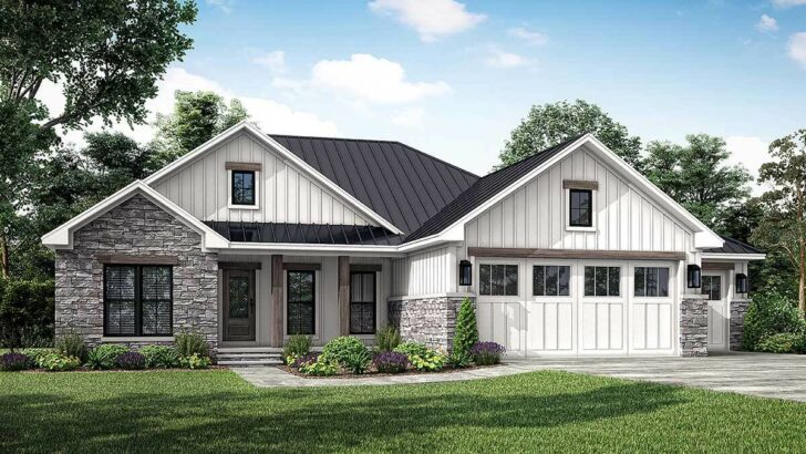 3-Bedroom Single-Story Modern Rustic Ranch Home With Spacious Island Kitchen (Floor Plan)