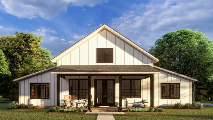 3-Bedroom Single-Story Barndominium Style Farmhouse with Spacious Front Porch (Floor Plan)