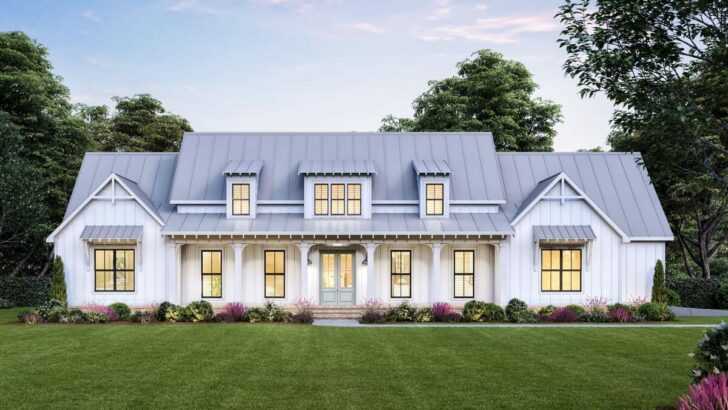 4-Bedroom Single-Story Modern Farmhouse with Vaulted Open-Concept Interior (Floor Plan)