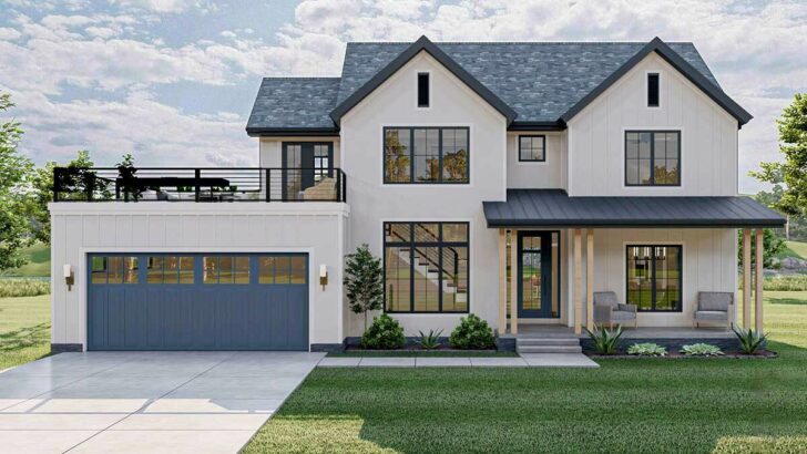 4-Bedroom Two-Story Modern Farmhouse With Party Deck Above the Garage (Floor Plan)