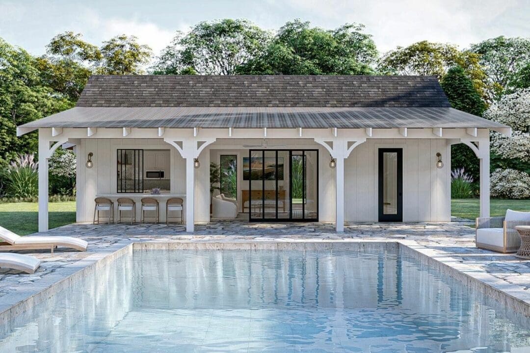 Compact 1-Story Modern Farmhouse Pool House with Large Covered Porch ...