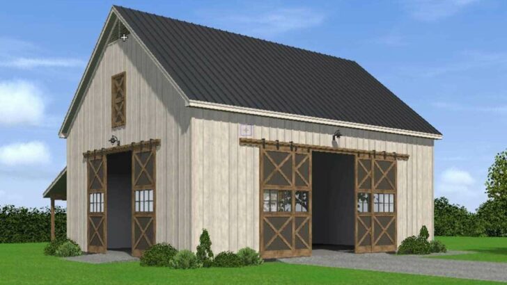 2-Story 2-Car Barn-Style Garage with Tractor Port and Vaulted Loft (Floor Plan)