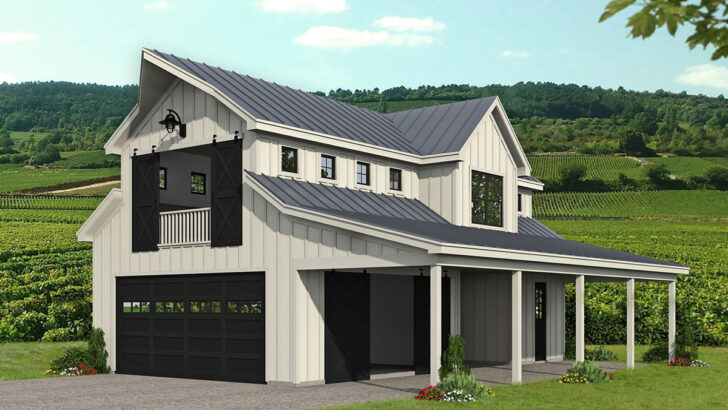 2-Car 2-Story Barn Style Garage With Vaulted Workshop, Dogtrot, Side Porch and Bonus Area (Floor Pla...