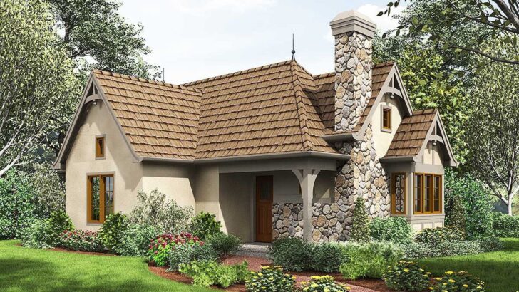 Tiny 2-Bedroom 1-Story Storybook Cottage House with Cozy Fireplace (Floor Plan)