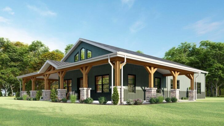 3-Bedroom One-Story Rustic Barn Style Farmhouse With 3-Side Wraparound Porch(Floor Plan)