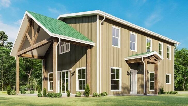 Boxy Barndominium Style 3-Bedroom 2-Story House with Vaulted Side Porch (Floor Plan)