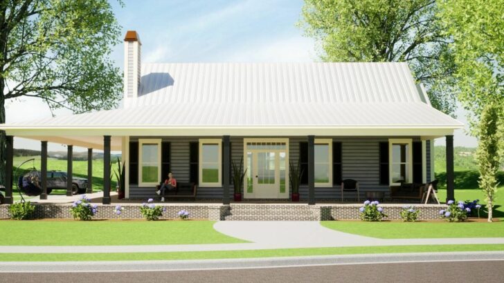 3-Bedroom One-Story Storybook Country Style House with L-Shaped Wraparound Porch (Floor Plan)