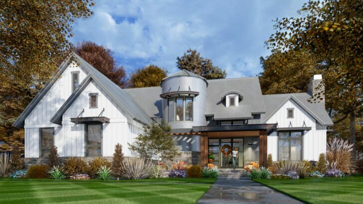 Dual-Story 4-Bedroom New American Style Farmhouse with Industrial Metal-Clad Turret (Floor Plan)