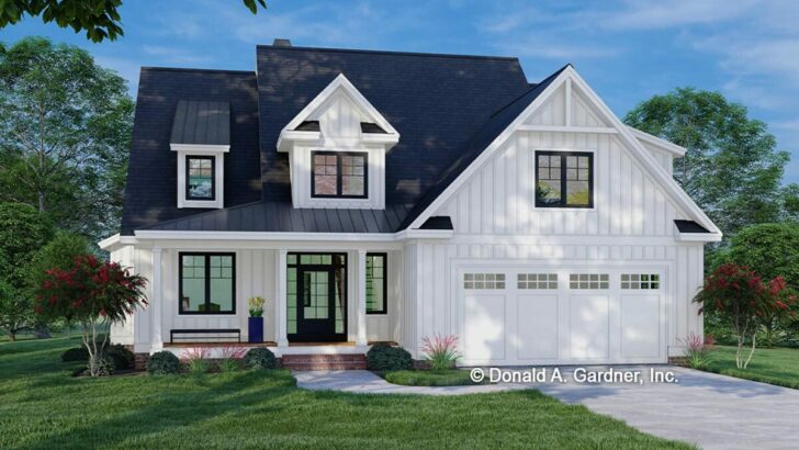 Narrow 4-Bedroom Dual-Story Modern Farmhouse with Front-entry Garage (Floor Plan)
