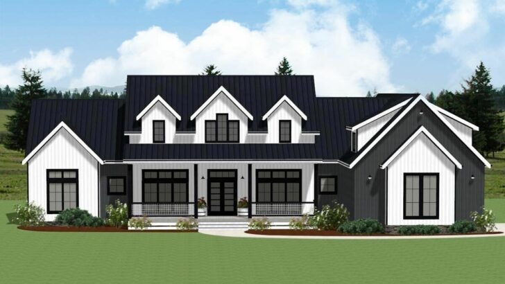 Single-Story 3-Bedroom Modern Farmhouse with Home Office and Vaulted Living Room (Floor Plan)