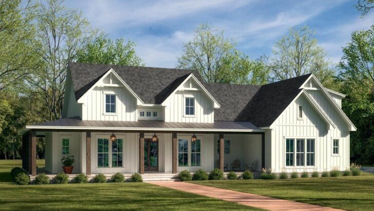 3-Bedroom Single-Story Modern Farmhouse with Full Wrap-Around Porch (Floor Plan)