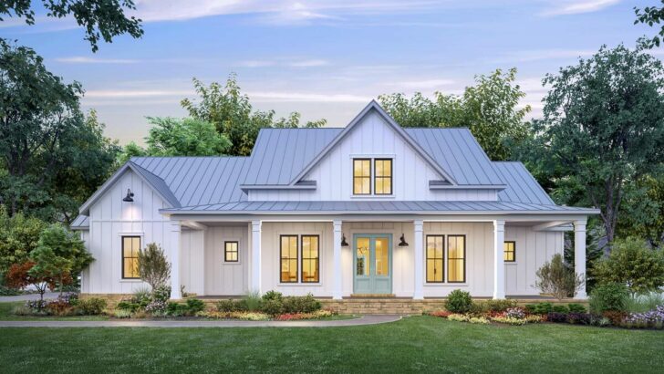 4-Bedroom 2-Story Modern Farmhouse with 8'-deep Front Porch (Floor Plan)