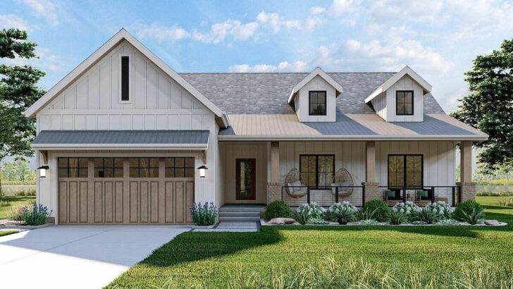 3-Bedroom 1-Story Modern Farmhouse with Wrap-Around Porch (Floor Plan)