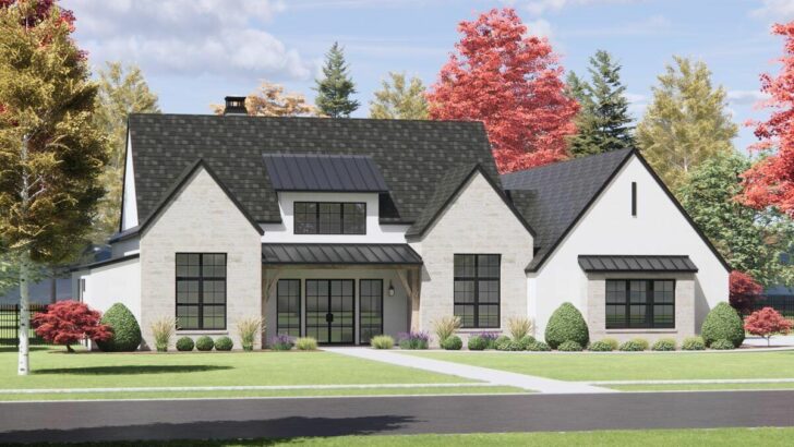 4-Bedroom 1-Story Modern Country Style Farmhouse with Stone and Stucco Exterior (Floor Plan)