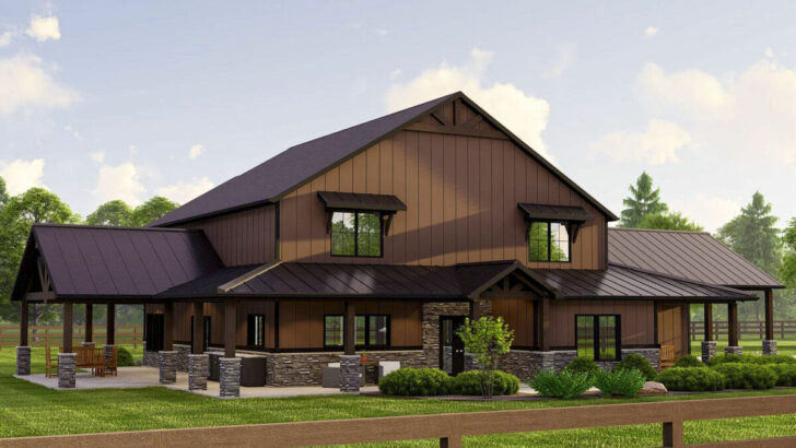 Dual-Story 3-Bedroom Country Style Barndominium House With Wraparound Porch and Carport (Floor Plan)
