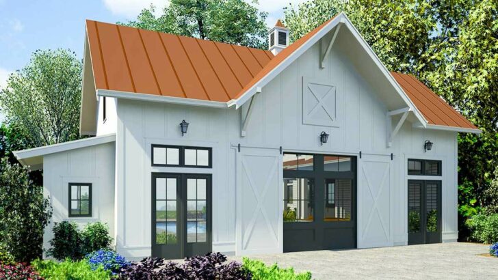 1-Bedroom One-Story Farmhouse Style Guest House With Tandem Garage (Floor Plan)