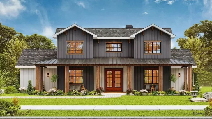 4-Bedroom 2-Story Rustic Farmhouse with Home Office and Two Story Great Room (Floor Plan)