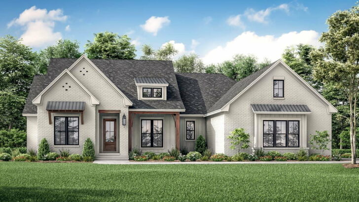 Split Bed 4-Bedroom 1-Story Modern Farmhouse with Spacious Outdoor Porch (Floor Plan)