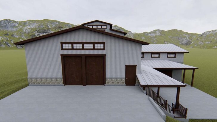 2-Story 2-Car Barn Style Garage with Three Workshops, Office Space and Working Kitchen (Floor Plan)
