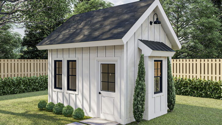 1-Story Modern Farmhouse Style Backyard Office with Board and Batten Siding (Shed Plan)