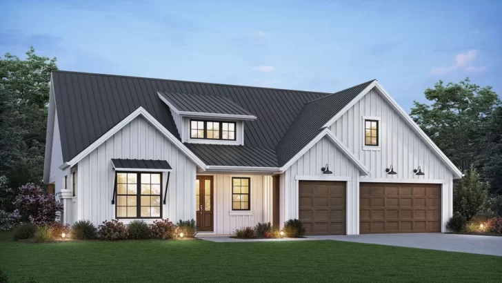 One-Story 3-Bedroom New American Farmhouse with Staggered 3-Car Garage (Floor Plan)