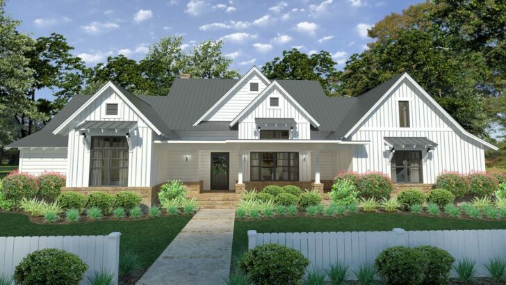 Dual-Story 3-Bedroom Modern Farmhouse with Split Bedroom Layout and Outdoor Fireplace (Floor Plan)