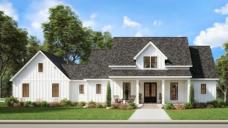 4-Bedroom Single-Story Modern Farmhouse with Home Office and Extended Rear Porch (Floor Plan)