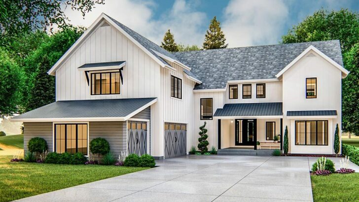 Dual-Story 5-Bedroom Modern Farmhouse With Courtyard Entry Garage (Floor Plan)