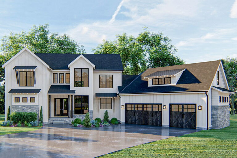4-Bedroom Two-Story Modern Farmhouse With Angled 3-Car Garage (Floor Plan)