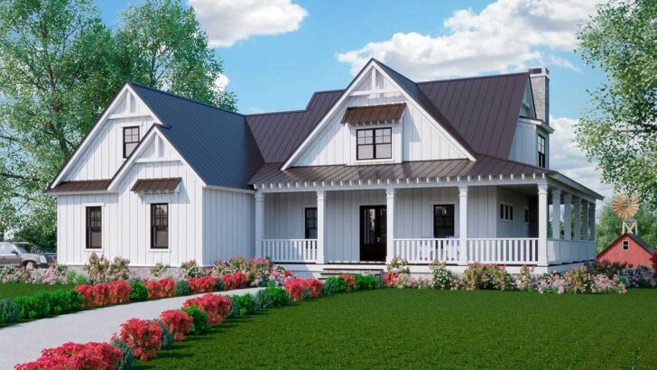Two-Story 5-Bedroom Modern Farmhouse with Wraparound Porch on a Walkout Basement (Floor Plan)