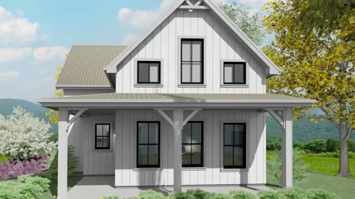 Pocket 2-Bedroom 2-Story Farmhouse With L-Shaped Front Porch and 2-Story Living Room (Floor Plan)